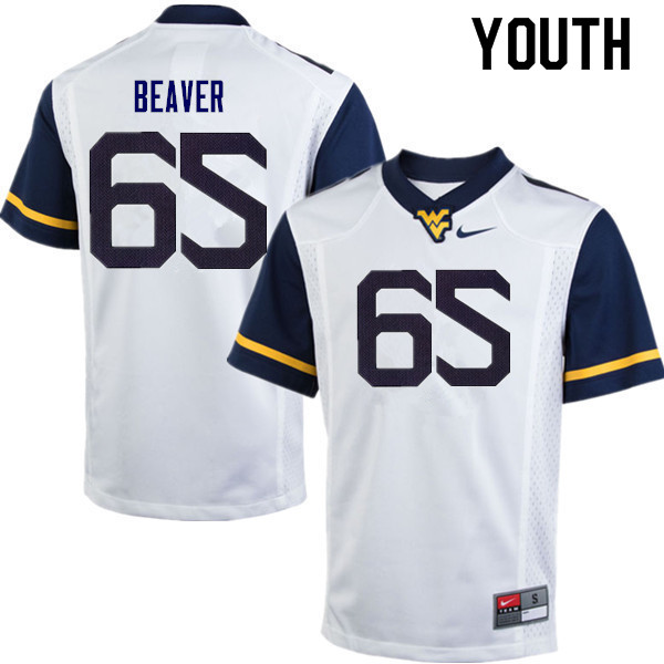 Youth #65 Donavan Beaver West Virginia Mountaineers College Football Jerseys Sale-White - Click Image to Close